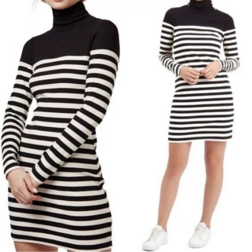 TOPSHOP Striped Black and White Turtleneck Dress